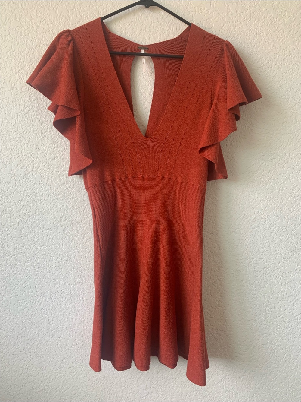 Free People Burnt Orange V-Neck Flutter Sleeve Mini Dress